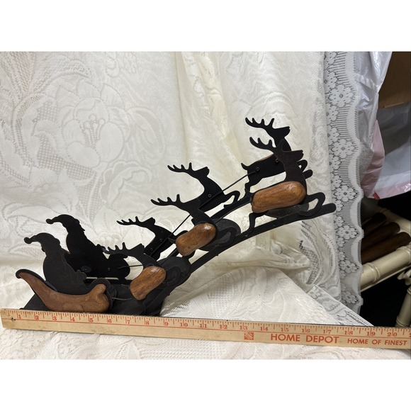 Vintage Christmas Santa Sleigh Reindeer Silhouette Metal Wood 4 Candle Holder - Picture 11 of 12